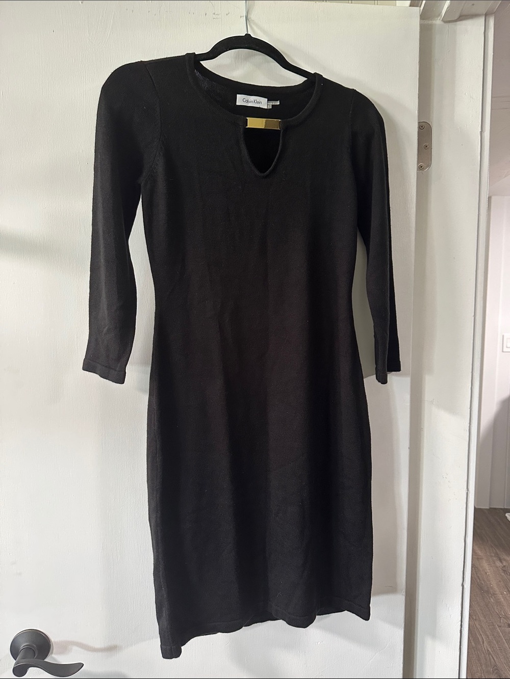 Calvin Klein Black 3/4-Sleeve Keyhole Knit Dress with Gold Accent 030